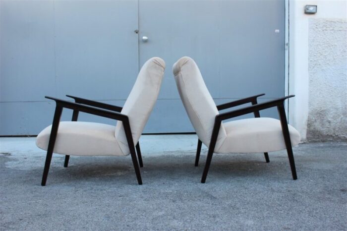 italian walnut and beige velvet lounge chairs 1950s set of 2 8