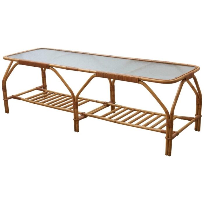 large bamboo and frosted glass rectangular coffee table by viggo boesen 1950s 1