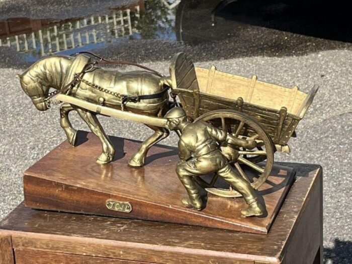 large brass centrepiece of farmer with his horse and cart 0662