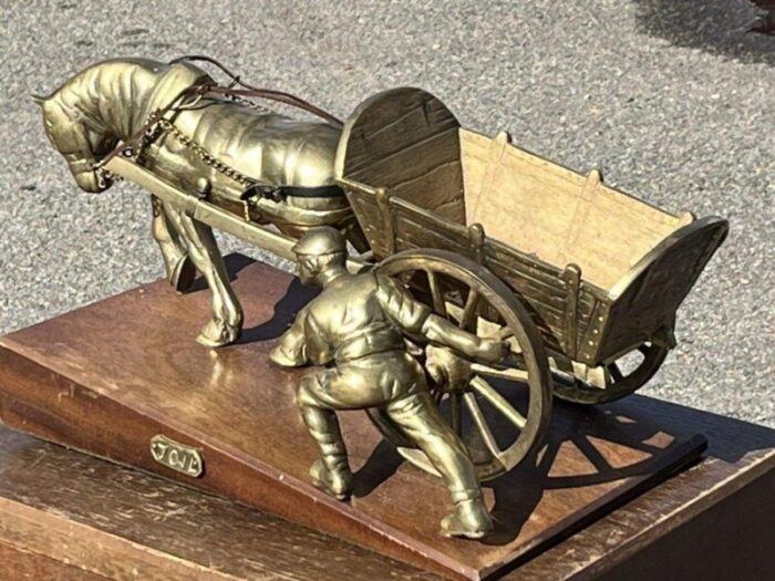 large brass centrepiece of farmer with his horse and cart 6168