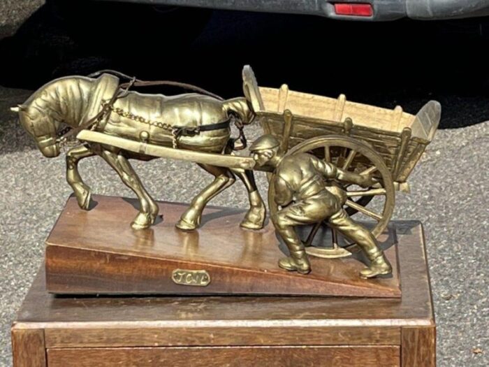 large brass centrepiece of farmer with his horse and cart 7242