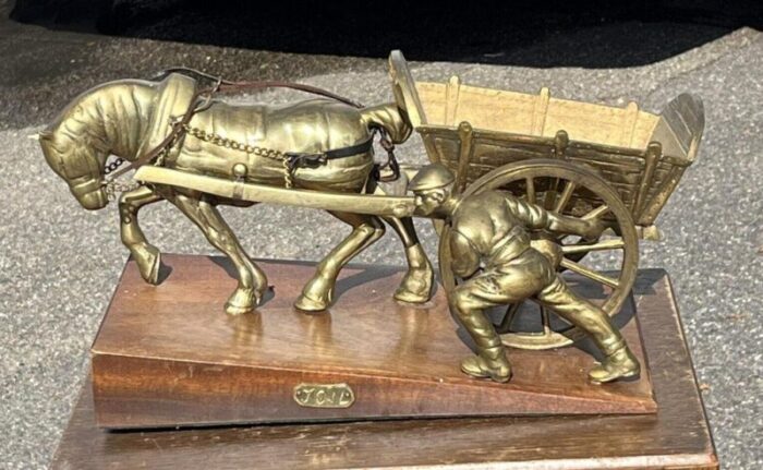 large brass centrepiece of farmer with his horse and cart 9337