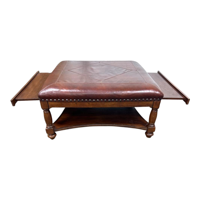 large leather and walnut cocktail ottoman vintage early 21st century 7675