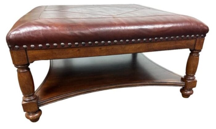 large leather and walnut cocktail ottoman vintage early 21st century 8112