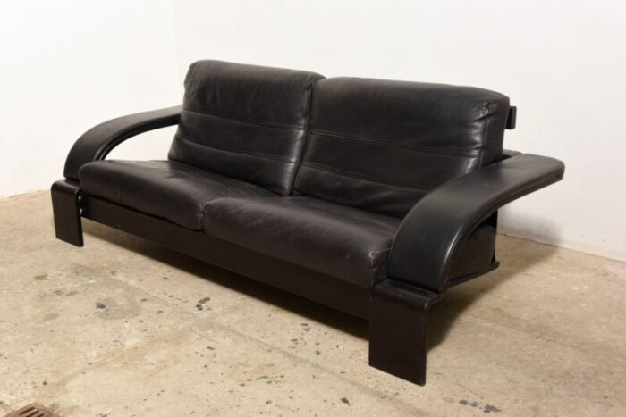 large mid century italian black leather lounge sofa 1980s 7