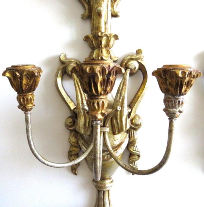 large pair of gilt wood candle wall sconces italian florentine fleur de lis 5706