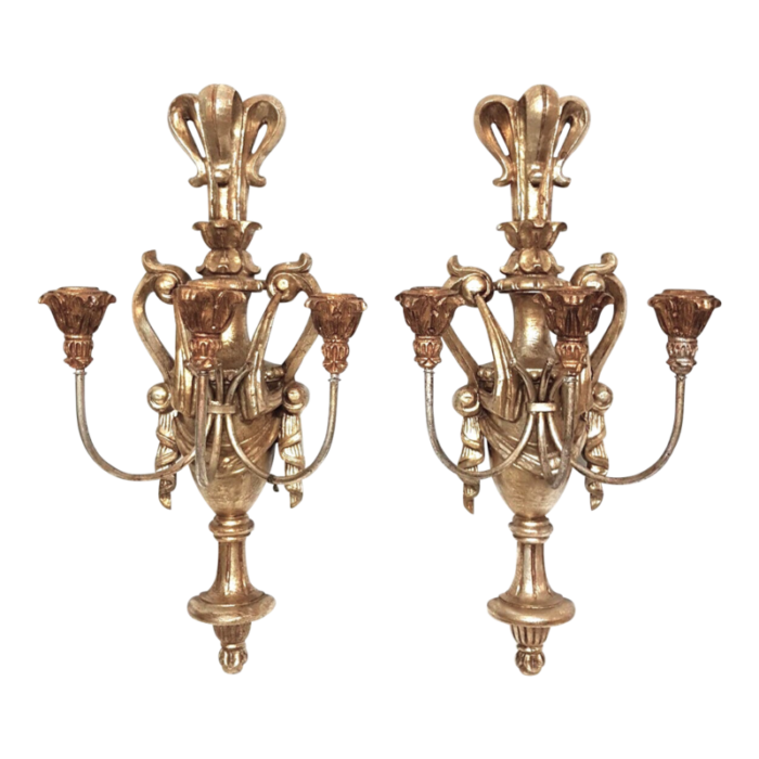 large pair of gilt wood candle wall sconces italian florentine fleur de lis 6356