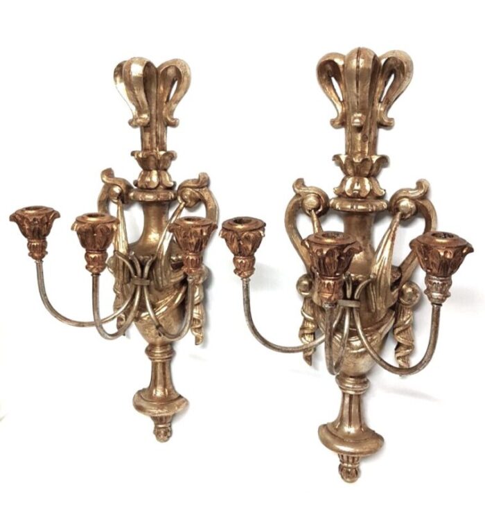 large pair of gilt wood candle wall sconces italian florentine fleur de lis 8824