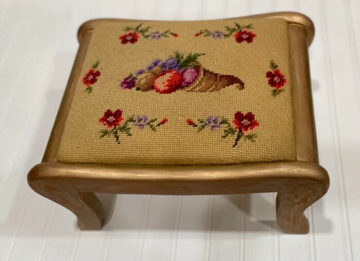 late 19th century antique victorian cornucopia needlepoint footstool 7609