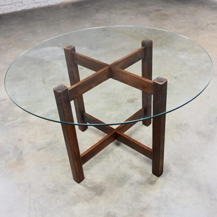 late 20th century modern walnut x base dining room table with round tempered glass top 1134