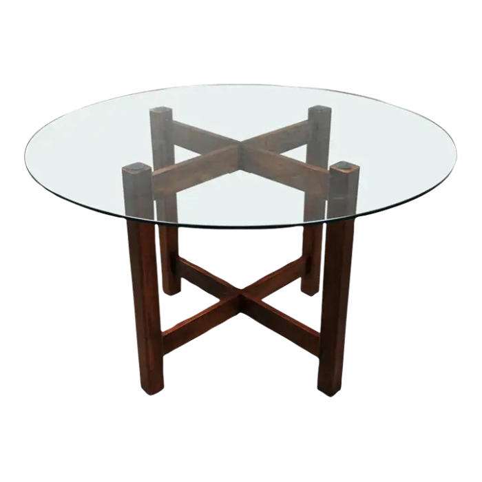 late 20th century modern walnut x base dining room table with round tempered glass top 3193