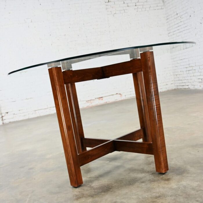 late 20th century modern walnut x base dining room table with round tempered glass top 7021