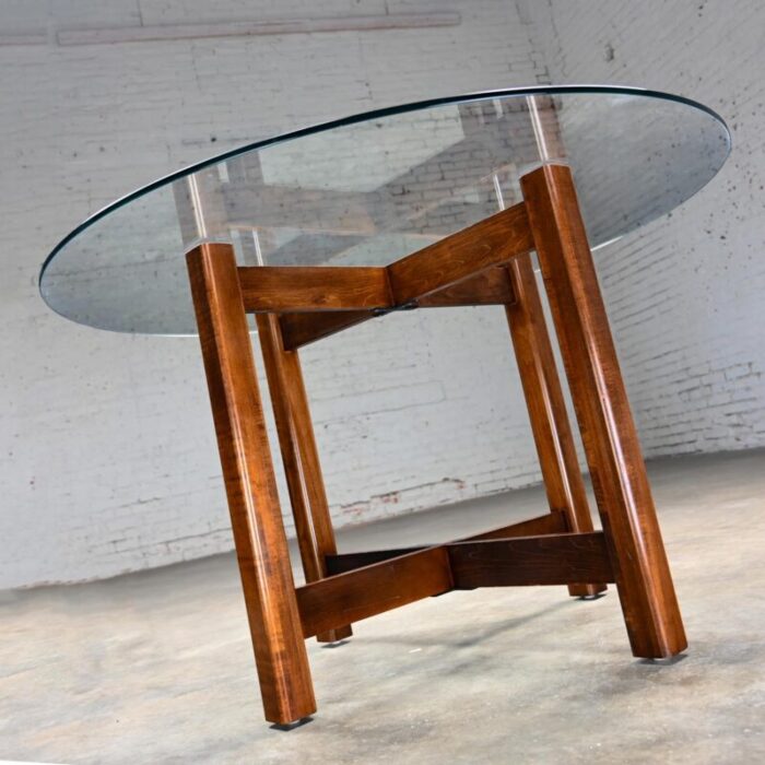 late 20th century modern walnut x base dining room table with round tempered glass top 7525