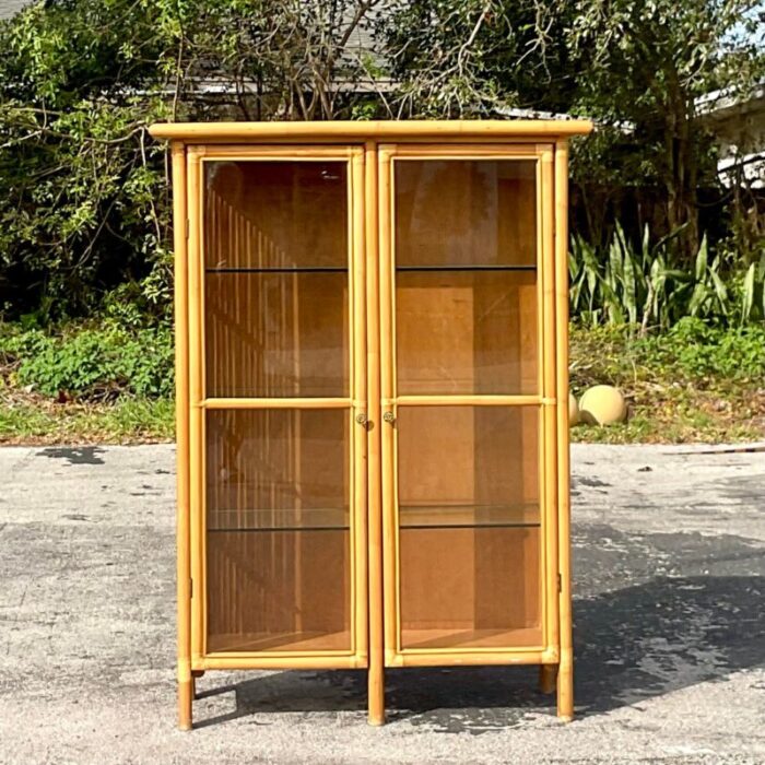 late 20th century vintage coastal bamboo glass cabinet 0029