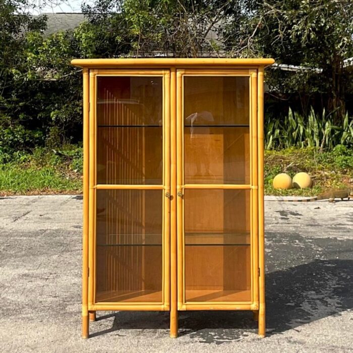 late 20th century vintage coastal bamboo glass cabinet 1238