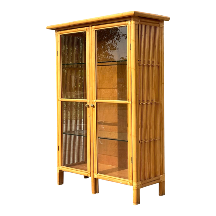 late 20th century vintage coastal bamboo glass cabinet 3201