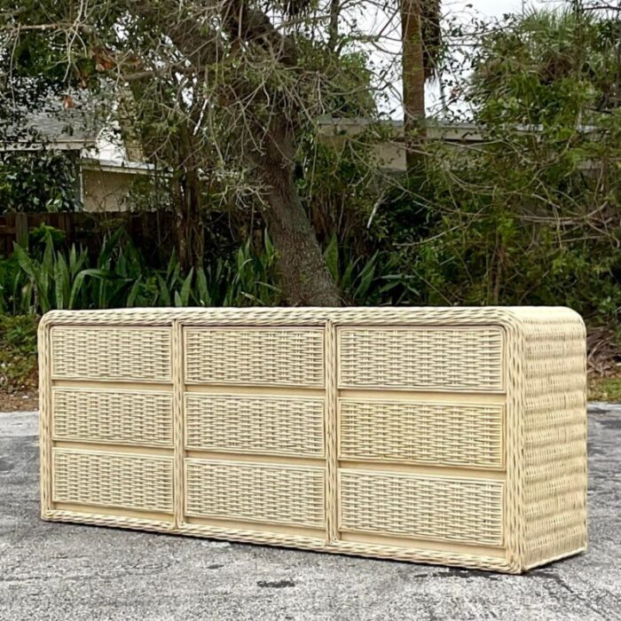 late 20th century vintage coastal painted woven rattan waterfall dresser 8088