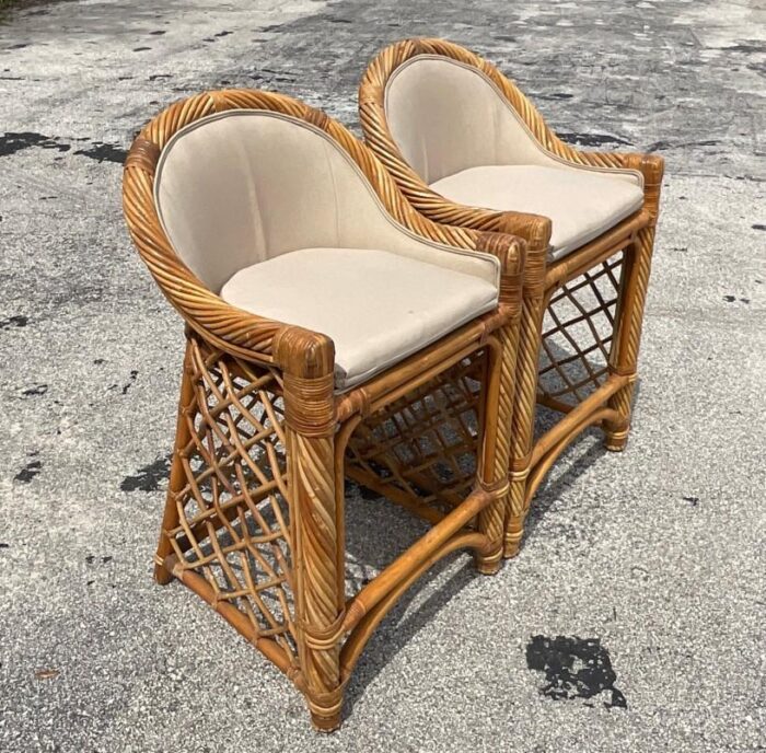 late 20th century vintage coastal twisted rattan barstools a pair 2691 scaled