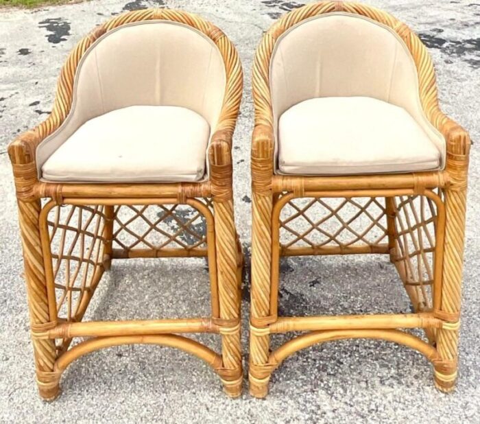 late 20th century vintage coastal twisted rattan barstools a pair 3104