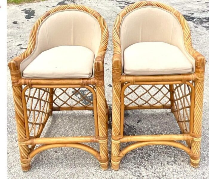 late 20th century vintage coastal twisted rattan barstools a pair 5552