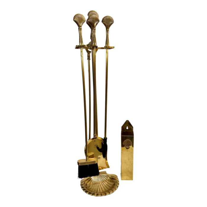 late 20th century vintage hollywood regency polished brass clamshell design fireplace tool set with clam shell fireplace match holder 6 pieces 9368