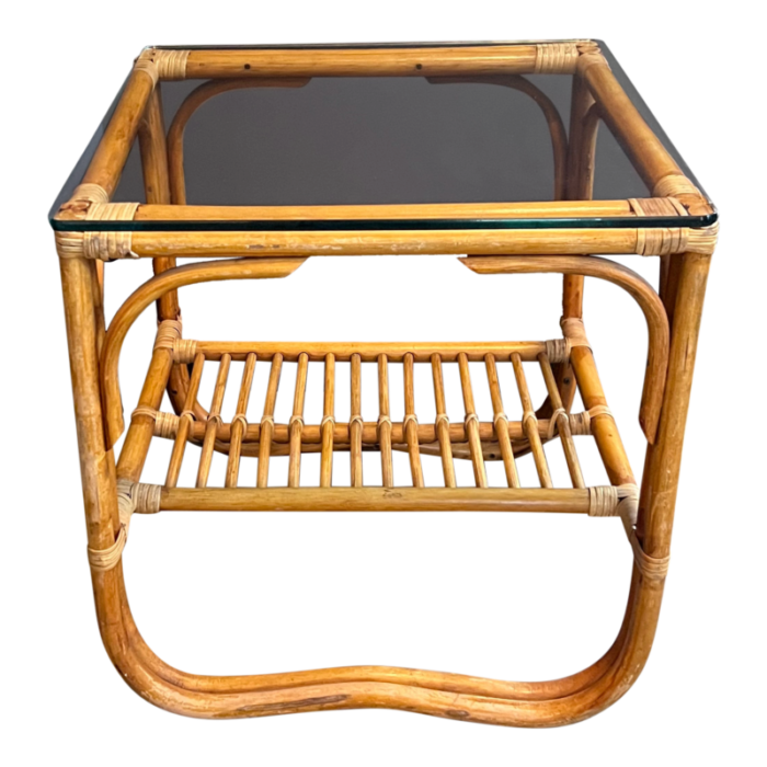 late 20th century vintage rattan sideend table with glass top 5497