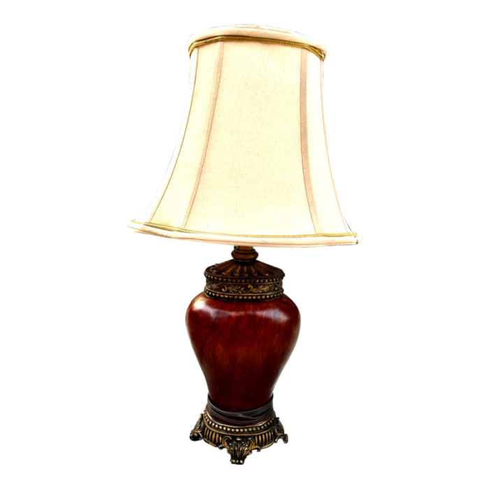 late 20th century wood urn bronze adorned lamp with silk formal lampshade 4910