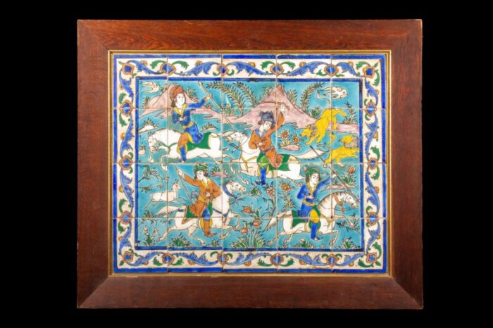 lion hunt 19 century glazed ceramic panel from qajar iran 0800