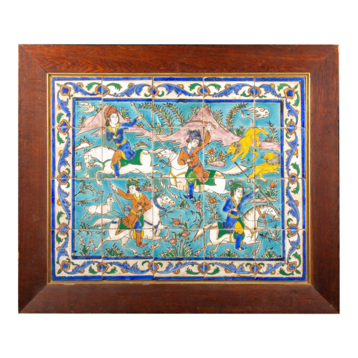 lion hunt 19 century glazed ceramic panel from qajar iran 5039