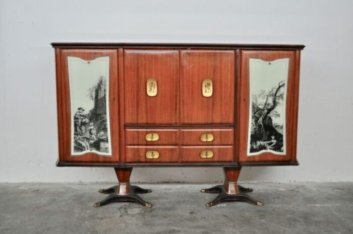 mahogany pear tree brass glass top drawers sideboard with allegorical drawings internal lightning from f lli rigamonti desio milano 1940s 1