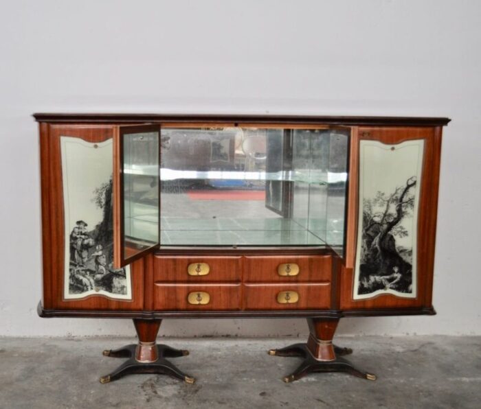 mahogany pear tree brass glass top drawers sideboard with allegorical drawings internal lightning from f lli rigamonti desio milano 1940s 2