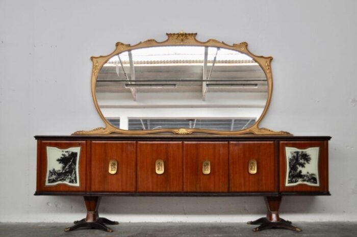 mahogany pearwood brass marbled back lacquered glass top sideboard with mirror from f lli rigamonti desio milano 1940s 1