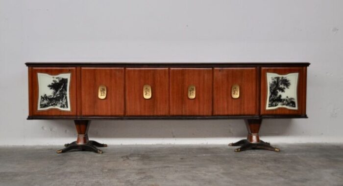 mahogany pearwood brass marbled back lacquered glass top sideboard with mirror from f lli rigamonti desio milano 1940s 5