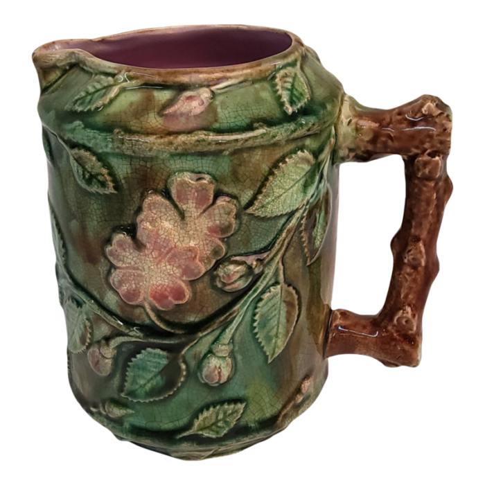 majolica pottery jug dogwood pattern circa 1870 2502