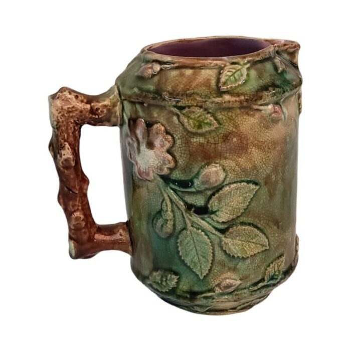 majolica pottery jug dogwood pattern circa 1870 4356