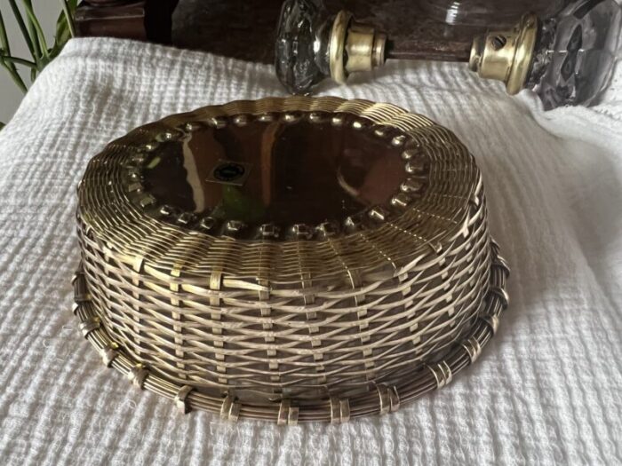 mid 20th century antique small woven brass basket oval india 1652