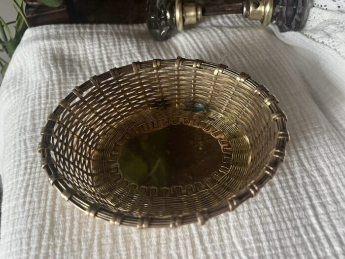 mid 20th century antique small woven brass basket oval india 3523