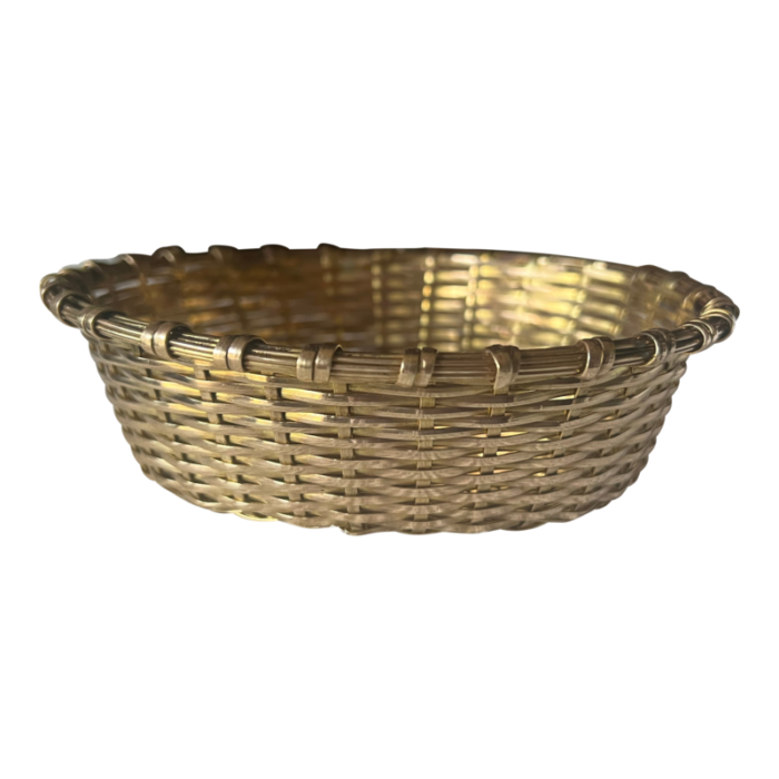 mid 20th century antique small woven brass basket oval india 9471