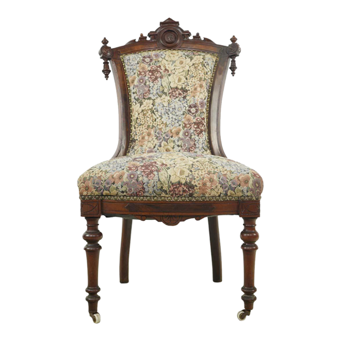 mid 20th century antique victorian mahogany floral print chair with front casters 2073