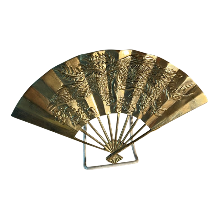 mid 20th century decorative brass wall fan with phoenix imagery 3757