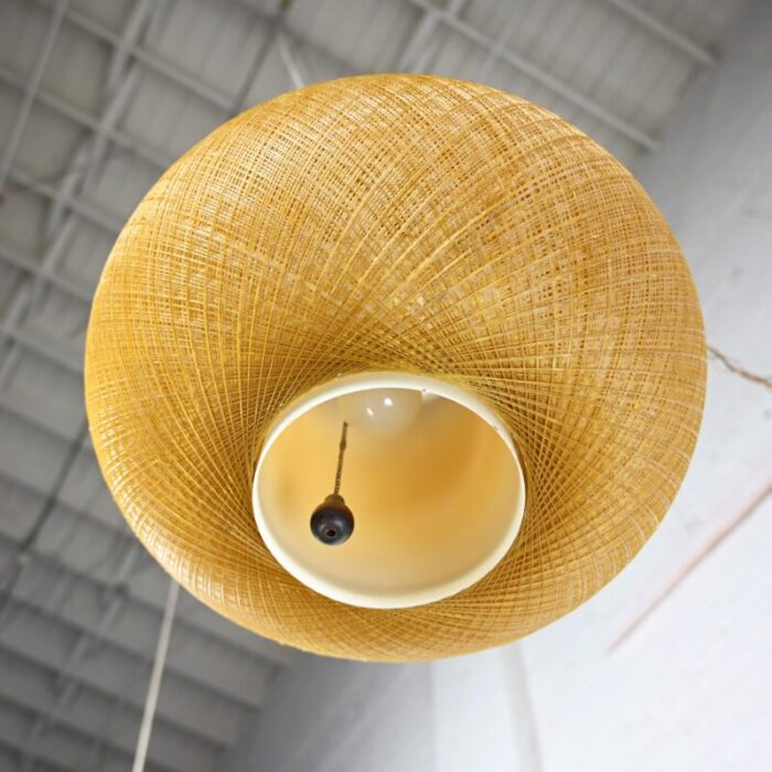 mid 20th century mcm gold spun fiberglass string swag pendant hanging light fixture or lamp 0336