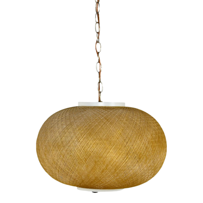 mid 20th century mcm gold spun fiberglass string swag pendant hanging light fixture or lamp 1176