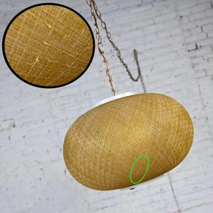 mid 20th century mcm gold spun fiberglass string swag pendant hanging light fixture or lamp 2936