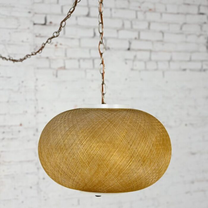 mid 20th century mcm gold spun fiberglass string swag pendant hanging light fixture or lamp 3149