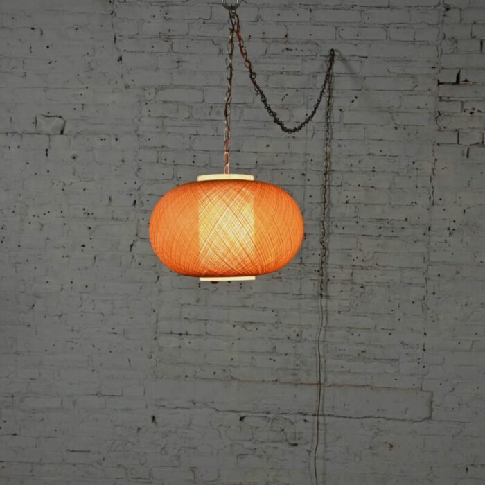 mid 20th century mcm gold spun fiberglass string swag pendant hanging light fixture or lamp 3617