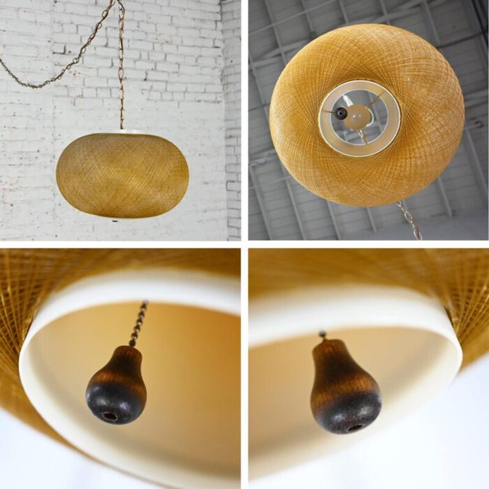 mid 20th century mcm gold spun fiberglass string swag pendant hanging light fixture or lamp 4296