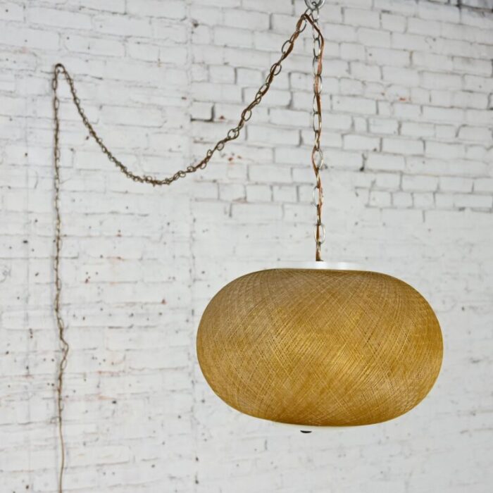 mid 20th century mcm gold spun fiberglass string swag pendant hanging light fixture or lamp 9386