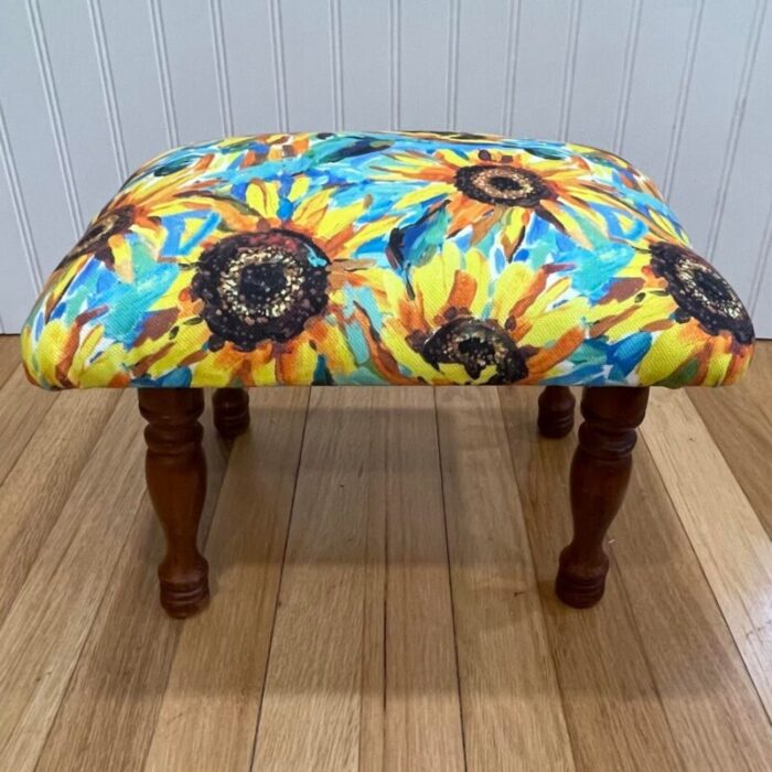 mid 20th century mid century modern footstool upholstered in painterly sunflowers 0030