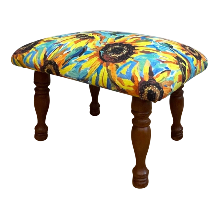 mid 20th century mid century modern footstool upholstered in painterly sunflowers 5221