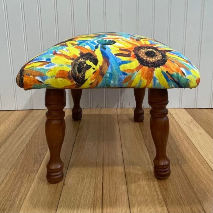 mid 20th century mid century modern footstool upholstered in painterly sunflowers 5400